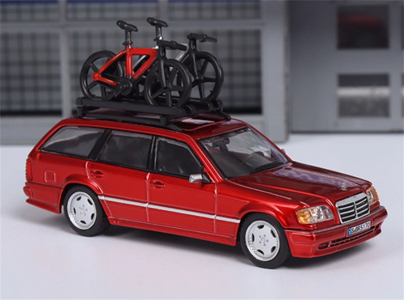 Mortal Mercedes Benz E-Class E300 station wagon S124 with 2 bicycles and luggage rack Red - Silver Wheel Regular Edition Limited Edition 599PCS ONLY 1:64 Car Pre-built Model view3
