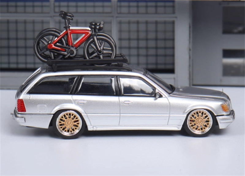 Mortal Mercedes Benz E-Class E300 station wagon S124 with 2 bicycles and luggage rack Silver - Golden Wheel low slung version Limited Edition 599PCS ONLY 1:64 Car Pre-built Model view2