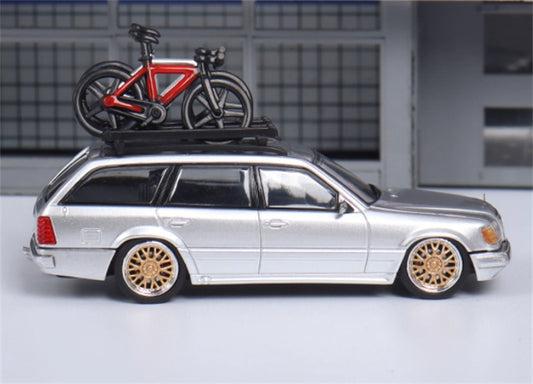 Mortal Mercedes Benz E-Class E300 station wagon S124 with 2 bicycles and luggage rack Silver - Golden Wheel low slung version Limited Edition 599PCS ONLY 1:64 Car Pre-built Model view2