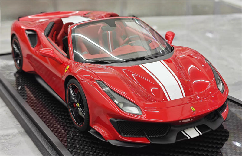 BBR MODELS Ferrari 488 Pista Spider convertible Metallic red White stripe Black wheel red calipers Carbon fiber base Limited Edition 28PCS ONLY 1:18 Car Pre-built Model view4