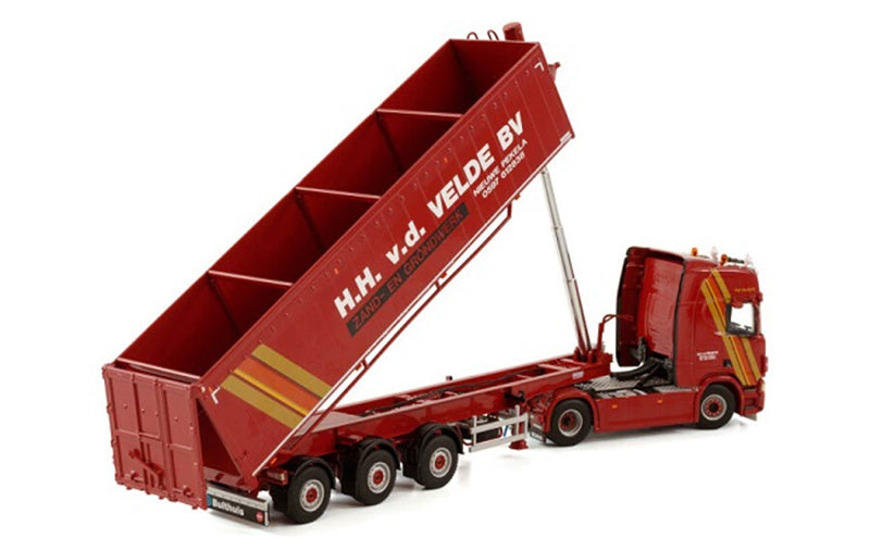 WSI SCANIA R HIGHLINE CR20H 4X2 VOLUME TIPPER TRAILER - 3 AXLE H.H.V.D.VELDE BV 1:50 Truck Pre-built Model