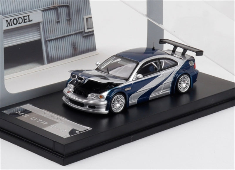 1:64 BMW M3 E46 GTR Silver with Blue Stripes MJ Model DIECAST Model