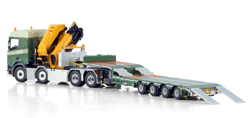 WSI  SCANIA R NORMAL CR20N 8X4 SEMI LOW LOADER - 4 AXLE WITH PALFINGER PK 135.002 TEC 7 Lock Transport 1:50 Truck Pre-built Model