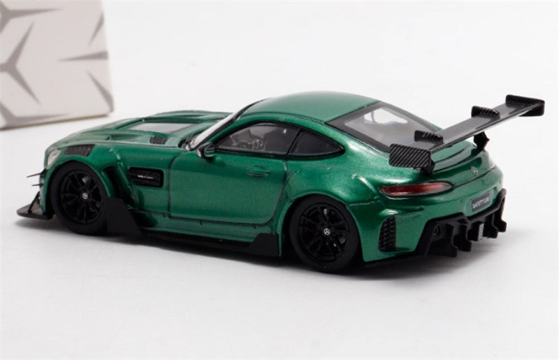 Rhino Model Mercedes AMG GTS modified big rear wing sports car Metallic Green 1:64 Car Pre-built Model view2