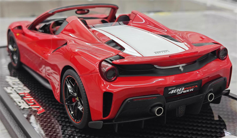 BBR MODELS Ferrari 488 Pista Spider convertible Metallic red White stripe Black wheel red calipers Carbon fiber base Limited Edition 28PCS ONLY 1:18 Car Pre-built Model view2