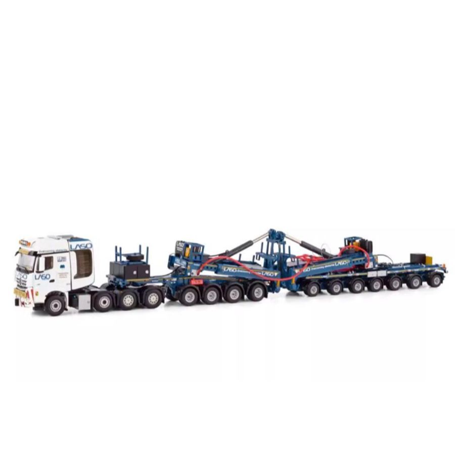 WSI MERCEDES BENZ AROCS MP4 SLT BIGSPACE 8X4 MEGA WINDMILL TRAILER - 7 AXLE + DOLLY - 4 AXLE LASO 1:50  DIECAST Truck Lorry