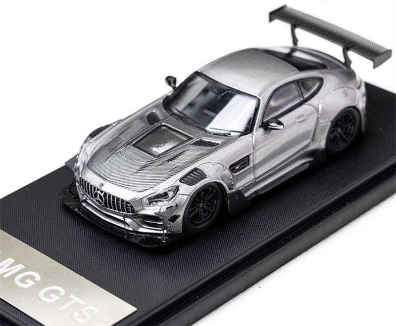 Rhino Model Mercedes AMG GTS modified big rear wing sports car silver gray 1:64 Car Pre-built Model view1
