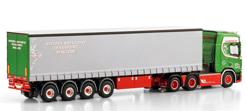 WSI  SCANIA R HIGHLINE CR20H 6X2 TAG AXLE CURTAINSIDE TRAILER - 4 AXLE Steffen Brixtofte Transport Magleby 1:50 Truck Pre-built Model