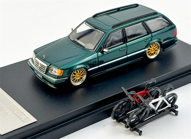 Mortal Mercedes Benz E-Class E300 station wagon S124 with 2 bicycles and luggage rack Green - Golden Wheel low slung version Limited Edition 499PCS ONLY 1:64 Car Pre-built Model view1
