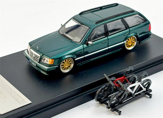Mortal Mercedes Benz E-Class E300 station wagon S124 with 2 bicycles and luggage rack Green - Golden Wheel low slung version Limited Edition 499PCS ONLY 1:64 Car Pre-built Model view1