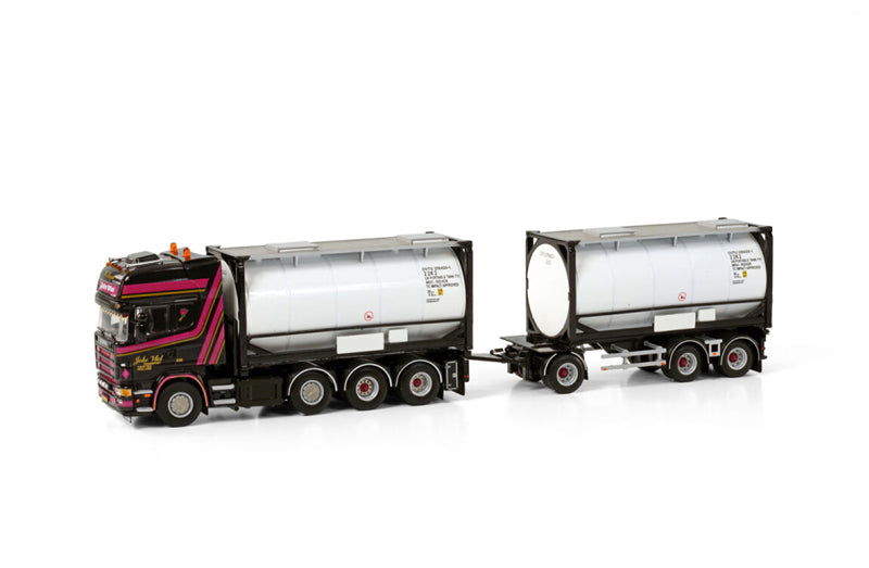 WSI SCANIA R4 TOPLINE 8X2 TAG AXLE RIGED DRAWBAR CONTAINER COMBI - 7 AXLE + 2X 20FT TANKCONTAINER Joke Vlot Transport 1:50 Truck Pre-built Model