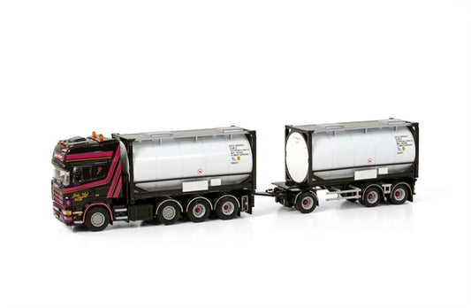 WSI SCANIA R4 TOPLINE 8X2 TAG AXLE RIGED DRAWBAR CONTAINER COMBI - 7 AXLE + 2X 20FT TANKCONTAINER Joke Vlot Transport 1:50 Truck Pre-built Model