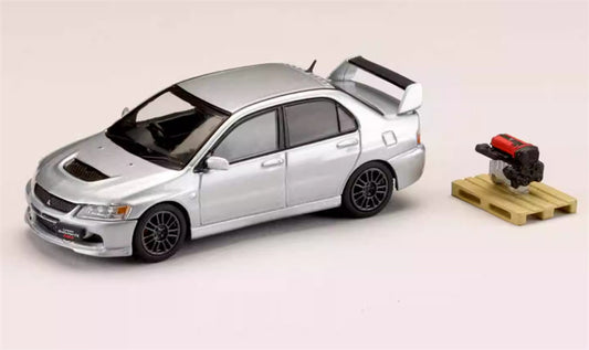 Hobby JAPAN MITSUBISHI LANCER GSR EVOLUTION 9 MR with Engine Silver - Black Wheel 1:64 Car Pre-built Model view1