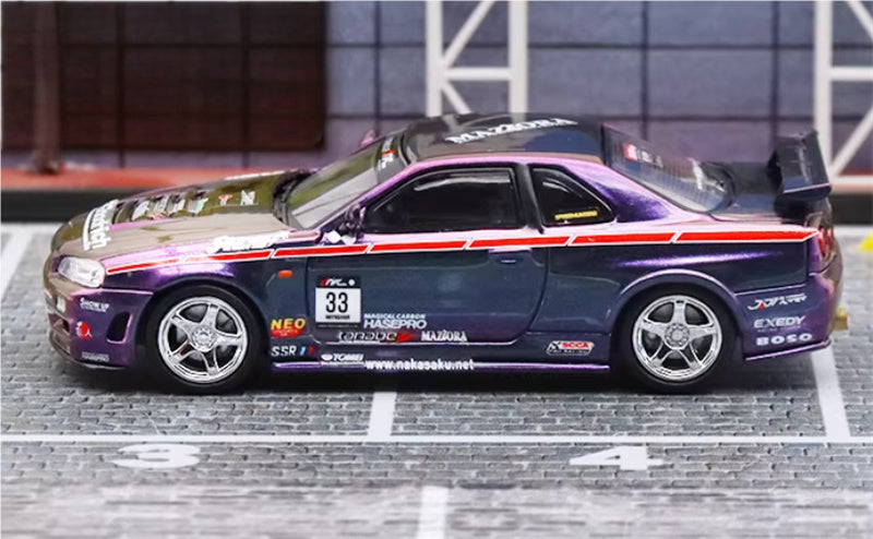 Stance Hunters Nissan Skyline GTR BNR34 Z-tune Chameleon Purple Limited Edition 599PCS ONLY 1:64 Car Pre-built Model view3