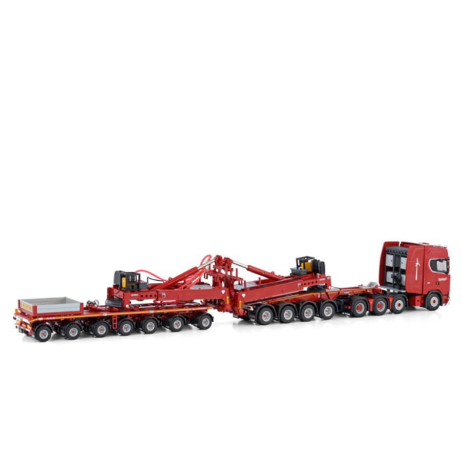 WSI SCANIA S HIGHLINE CS20H 8X4 WIND MILL TRAILER WITH 4 AXLE DOLLY - 7 AXLE NOOTEBOOM RED LINE 1/50 DIECAST Truck Lorry