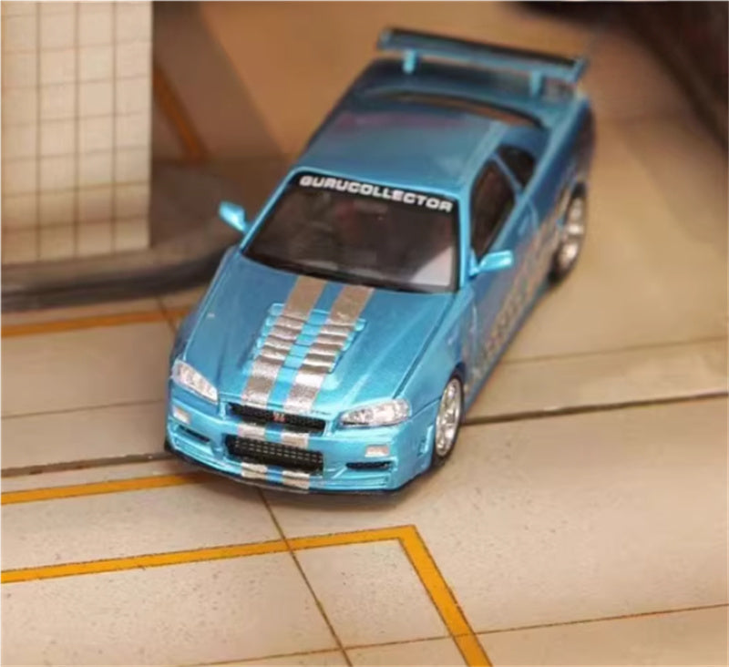 Stance Hunters Nissan Skyline GTR BNR34 V-SPEC-II electroplated blue - silver edge 1:64 Car Pre-built Model view4