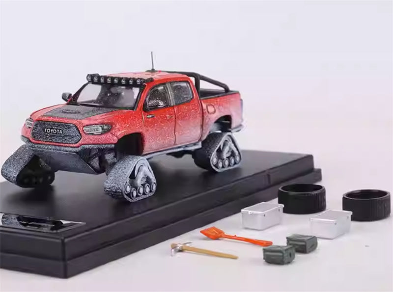 GCD Toyota Tacoma Snow Edition with tank track Snowflake Orange Red LHD 1:64 Truck Pre-built Model view7