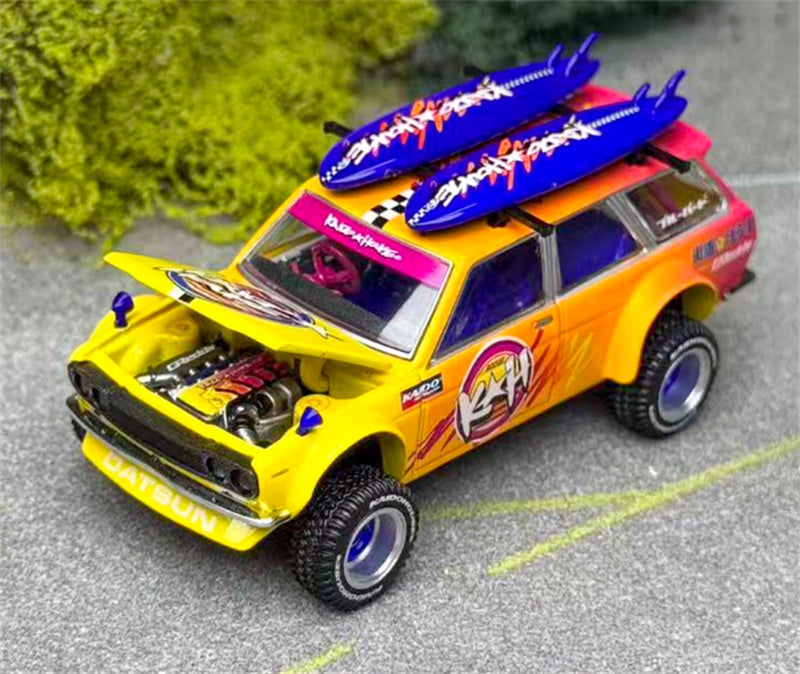 KaidoHouse x MiniGT Datsun Kaido 510 Wagon 4x4 Kaido ISLANDS V1 orange-yellow color box packaging 1:64 Car Pre-built Model view1