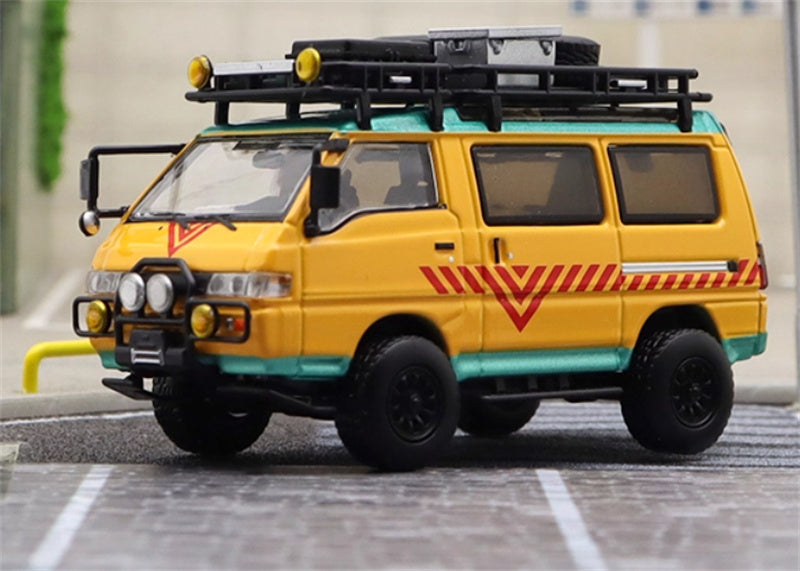 Autobots Models Mitsubishi Delica 3rd Generation Wagon 4X4 Off Road Modified Edition Yellow School Bus left-hand drive with accessories 1:64 Car Pre-built Model view1
