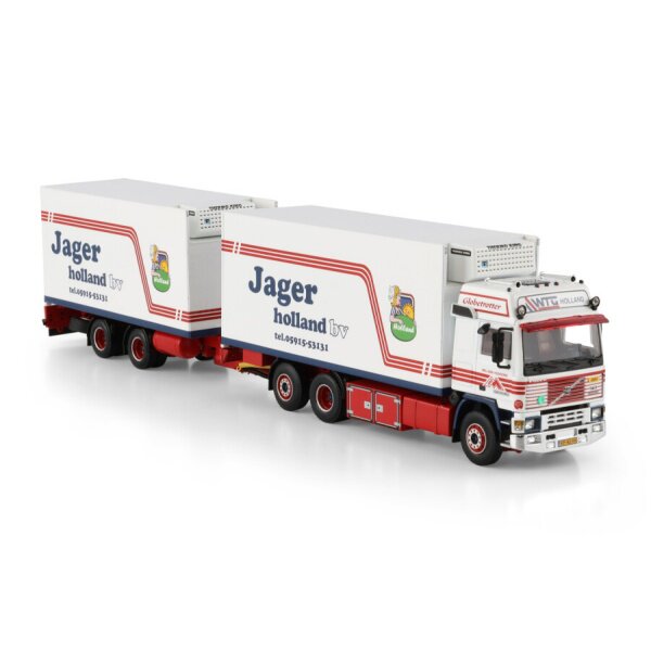 1:50 VOLVO MELLEMA / JAGER F12 GLOBETROTTER 6X2 REEFER DRAWBAR CENTRE-AXLED TRAILER WSI Diecast Model