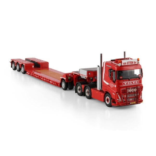 1:50 VOLVO LOONBEDRIJF VAN ETTEN FH5 6X4 LOW LOADER W/ 1 AXLE DOLLY 3 AXLE WSI Red Diecast Model