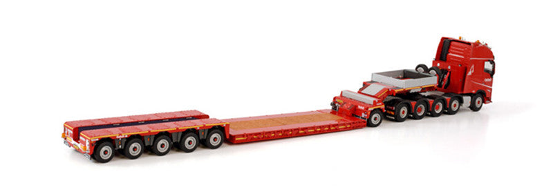 WSI VOLVO FH5 GLOBETROTTER XL 10X4 LOWLOADER - 5 AXLE + DOLLY - 1 AXLE NOOTEBOOM RED LINE 1/50 DIECAST Truck