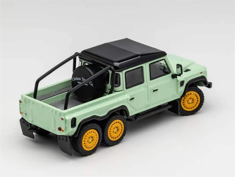 GCD Land Rover Defender 110 Kahn 6x6 Pick Up Off-road Light Green RHD 1:64 Truck Pre-built Model view3