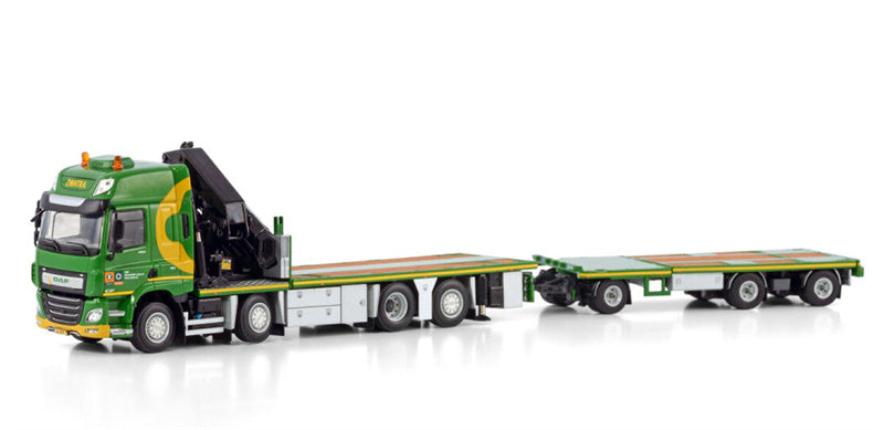 WSI  DAF CF SPACE CAB MY2017 RIGED FLAT BED TRUCK WITH PALFINGER PK 65002 SH + JIB 8X2 TAG AXLE FLAT BED TRAILER - 3 AXLE Zwatra 1:50 Truck Pre-built Model