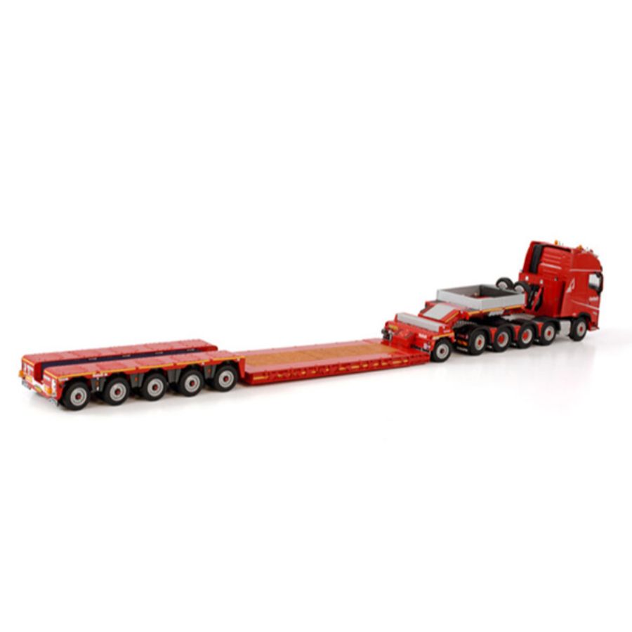 WSI VOLVO FH5 GLOBETROTTER XL 10X4 LOWLOADER - 5 AXLE + DOLLY - 1 AXLE NOOTEBOOM RED LINE 1/50 DIECAST Truck