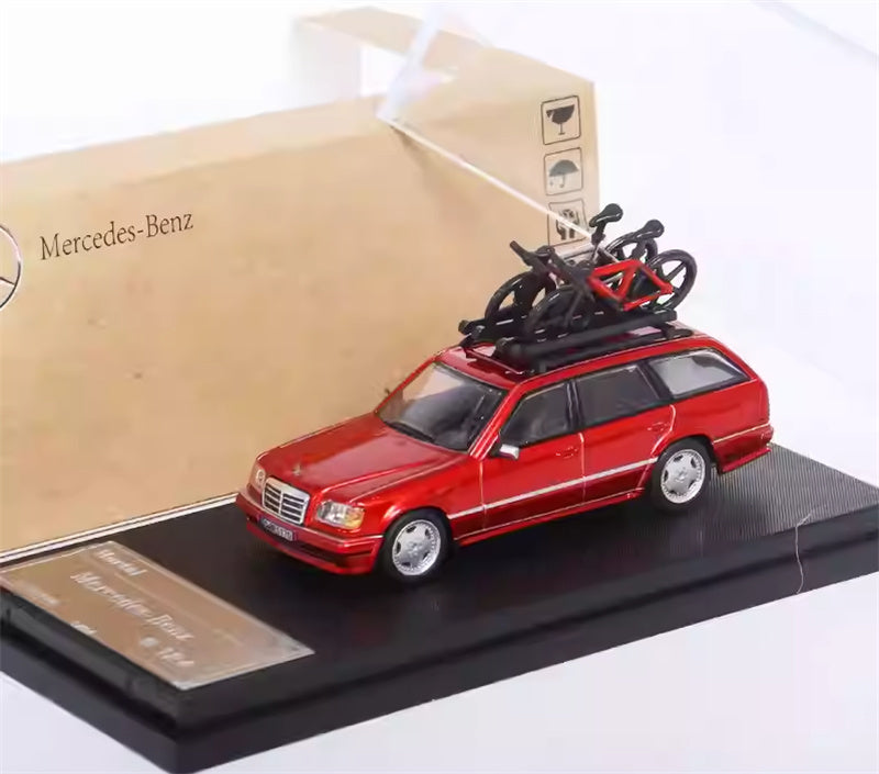 Mortal Mercedes Benz E-Class E300 station wagon S124 with 2 bicycles and luggage rack Red - Silver Wheel Regular Edition Limited Edition 599PCS ONLY 1:64 Car Pre-built Model view5