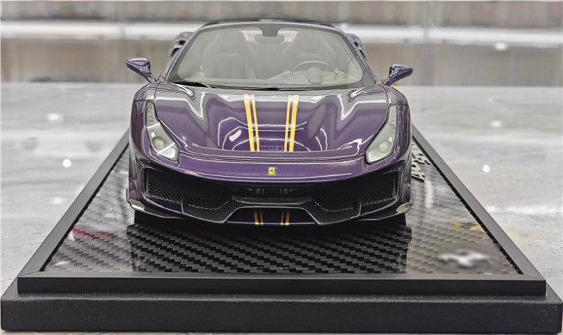 BBR MODELS FERRARI 488 Pista Spider convertible Hong Kong Metal Purple Double yellow Strip Black wheels Carbon fiber base Limited Edition 28PCS ONLY 1:18 Car Pre-built Model view7