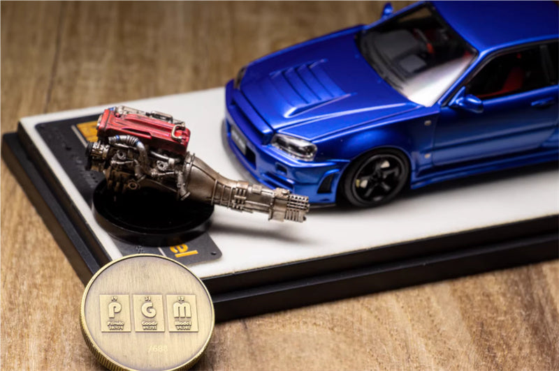 1:43 Nissan GTR Nismo R34 Z-TUNE  Metal Blue  PGM x onemodel Regular Edition White base w/ engine Limited Edition 688PCS ONLY DIECAST Car Model
