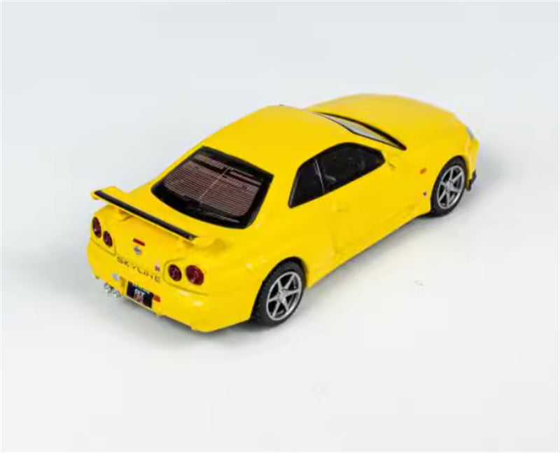 MINIGT Nissan Skyline GT-R(R34)V-Spec Lightning Yellow color box packaging 1:64 Car Pre-built Model view4