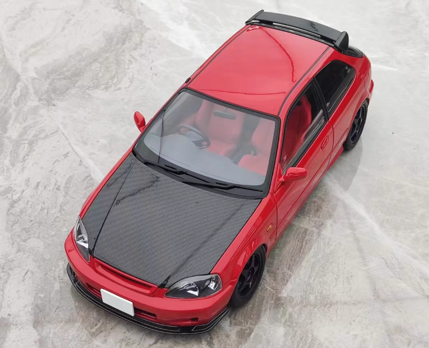 Motorhelix Honda Civic Type R EK9 Milan Red/Carbon Fiber Head Cover Limited Edition 599PCS ONLY 1:18 Car Pre-built Model view9