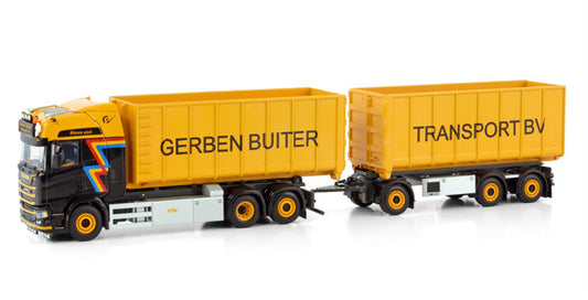 WSI SCANIA R HIGHLINE CR20H 6X2 TAG AXLE RIGED DRAWBAR TRUCK WITH HOOKLIFT SYSTEM - 3 AXLE + HOOKLIFT 40M3 CONTAINER Gerben Buiter 1:50 Model