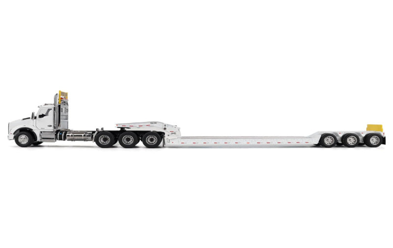 CATERPILLAR Kenworth T880 SBFA Daycab Tridem Tractor in White with Trail King TK120 HDG Lowboy Trailer 1:50 Truck Pre-built Model