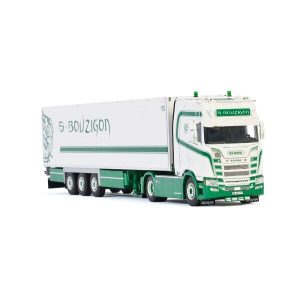 1:50 SCANIA S. BOUZIGON S HIGHLINE CS20H 4X2 REEFER TRAILER 3 AXLE WSI  White - Green DIECAST Model