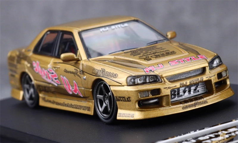 Mortal Nissan GTR ER34 25GT SKYLINE URAS Modified Edition MJ STYLE Gold Limited Edition 1:64 Car Pre-built Model view3
