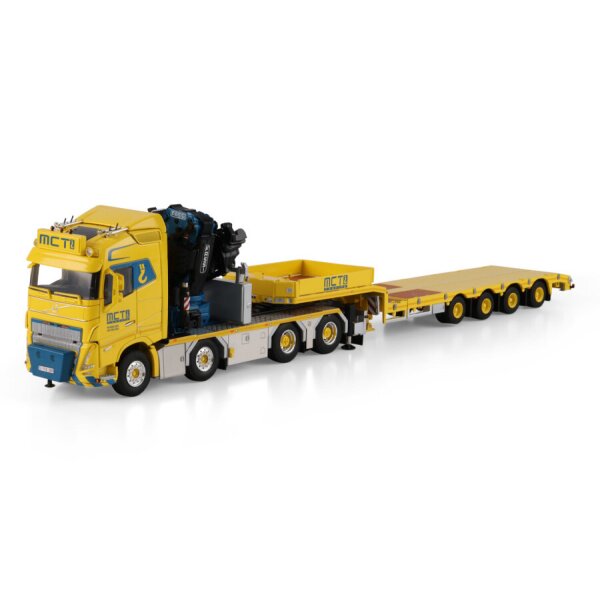 1:50 VOLVO MCT CRANING FH5 8X4 SEMI LOW LOADER W/ RAMPS 4 AXLE 1300 + JIB WSI Yellow Diecast Model