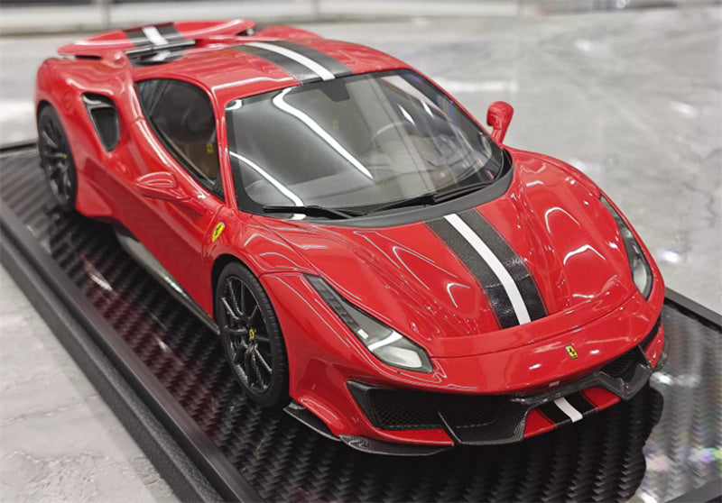 BBR MODELS Ferrari 488 pista Rosso Corsa 322 met Standard Red Black and white stripe Black wheel red calipers Limited Edition 25PCS ONLY Carbon fiber base 1:18 Car Pre-built Model view5