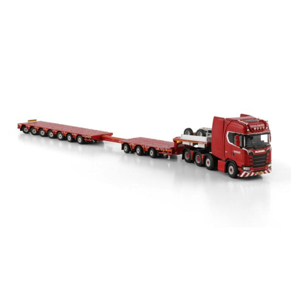 1:50 SCANIA NOOTEBOOM RED LINE S CS20H 8X4 MANOOVR W/ 3 AXLE DOLLY 7 AXLE WSI Red Diecast Model
