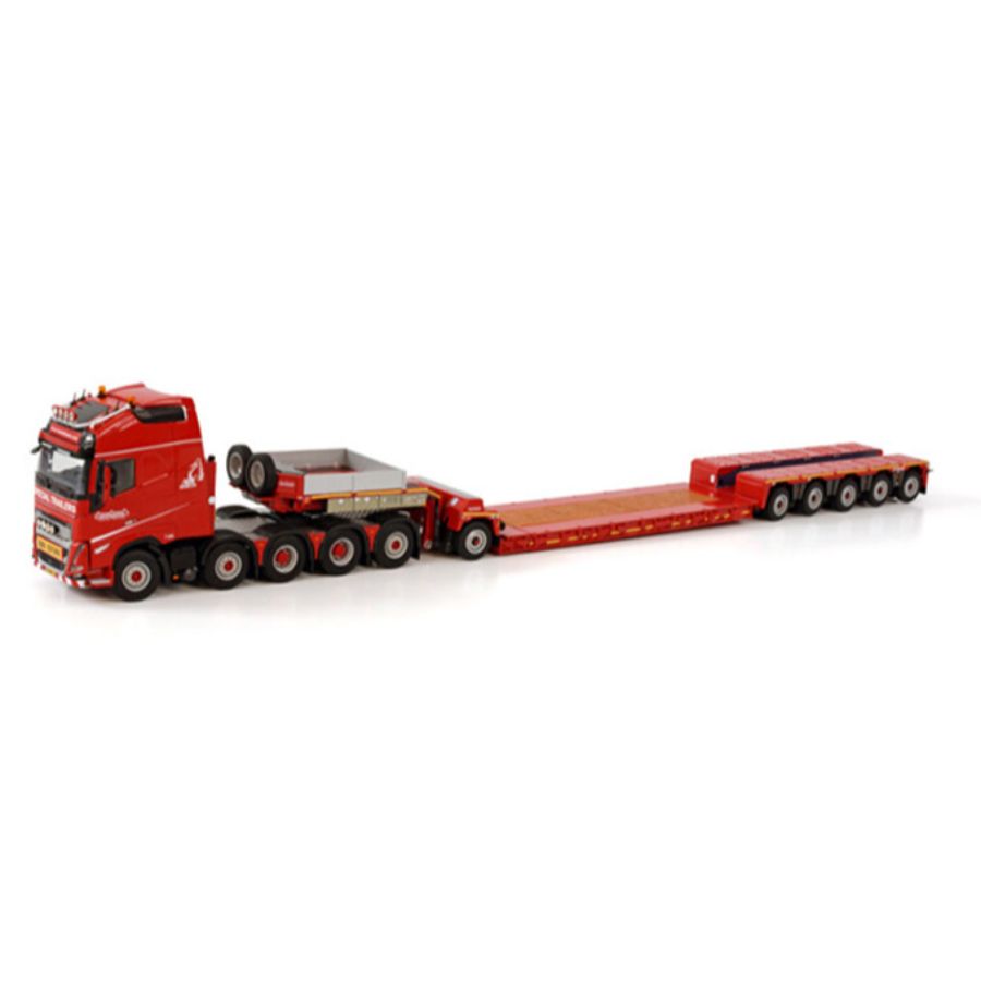 WSI VOLVO FH5 GLOBETROTTER XL 10X4 LOWLOADER - 5 AXLE + DOLLY - 1 AXLE NOOTEBOOM RED LINE 1/50 DIECAST Truck