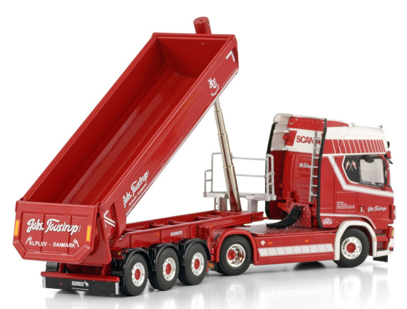 WSI SCANIA R HIGHLINE CR20H 4X2 HALF PIPE TRAILER - 3 AXLE Johs. Toustrup 1:50 Truck Pre-built Model