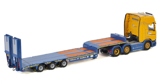 WSI  SCANIA R HIGHLINE CR20H 6X2 TWINSTEER SEMI LOW LOADER RAMPS - 3 AXLE Pol Hoogwerkers 1:50 Truck Pre-built Model