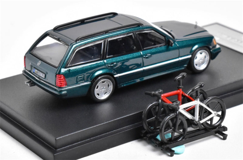 Mortal Mercedes Benz E-Class E300 station wagon S124 with 2 bicycles and luggage rack Pearl green - silver wheel Regular Edition Limited Edition 499PCS ONLY 1:64 Car Pre-built Model view2
