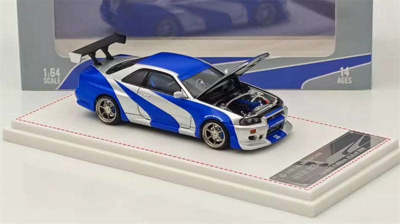 Focal Horizon Nissan GT-R R34 NFS Silver Blue Limited Edition 999PCS ONLY OVER SPEED 1:64 Car Pre-built Model view1