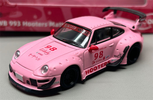 1:64 Porsche RWB 993 Matte Pink Hooters #98 Model model DIECAST Civil Car Model