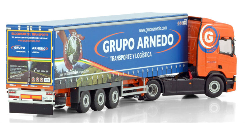 WSI SCANIA R HIGHLINE CR20H 4X2 CURTAINSIDE TRAILER - 3 AXLE Grupo Arnedo 1:50 Truck Pre-built Model