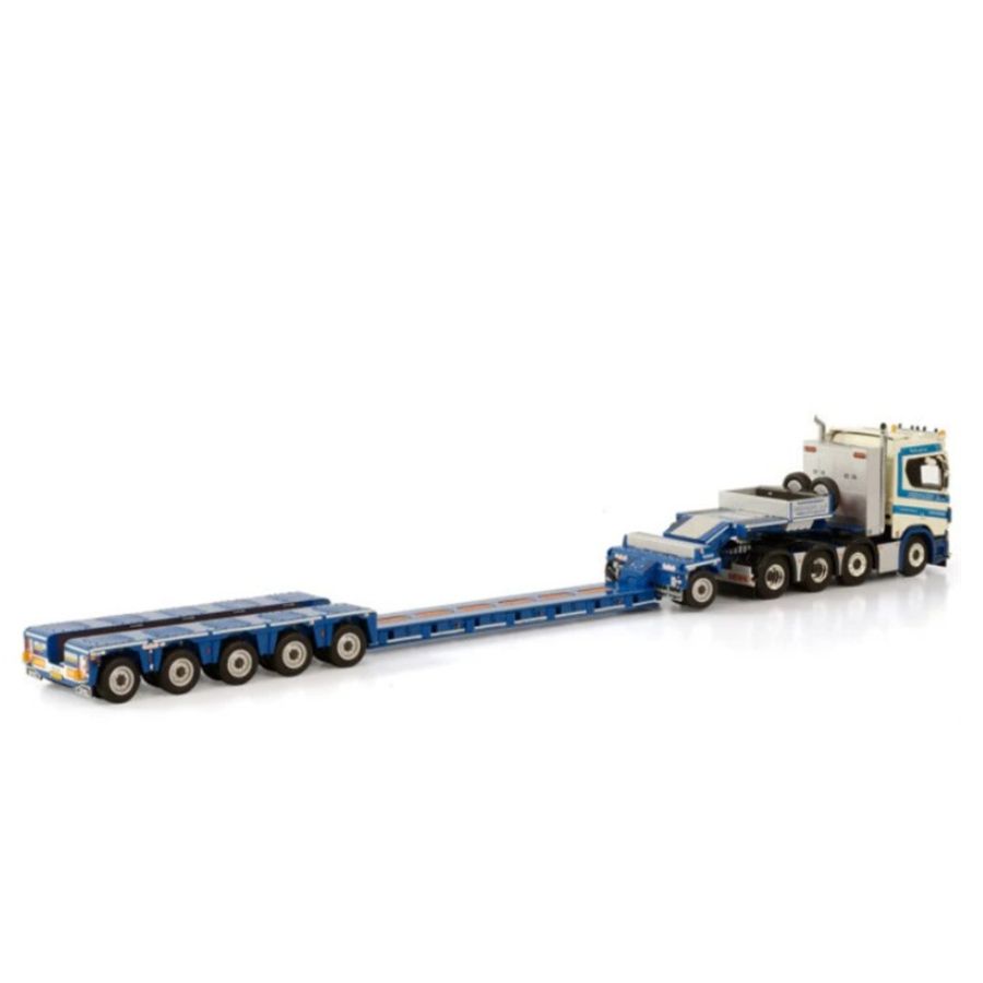 WSI SCANIA R NORMAL CR20N 8X4 LOW LOADER PENDEL X - 5 AXLE + DOLLY - 1 AXLE SCHOONES B.V. 1:50 DIECAST Truck Lorry