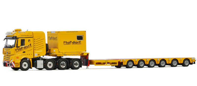 WSI MB ACTROS MP4 SLT BIG SPACE 8X4 SEMI LOW LOADER-6 AXLE + 10 FT CONTAINER FLOSSDORF 1/50 DIECAST Truck